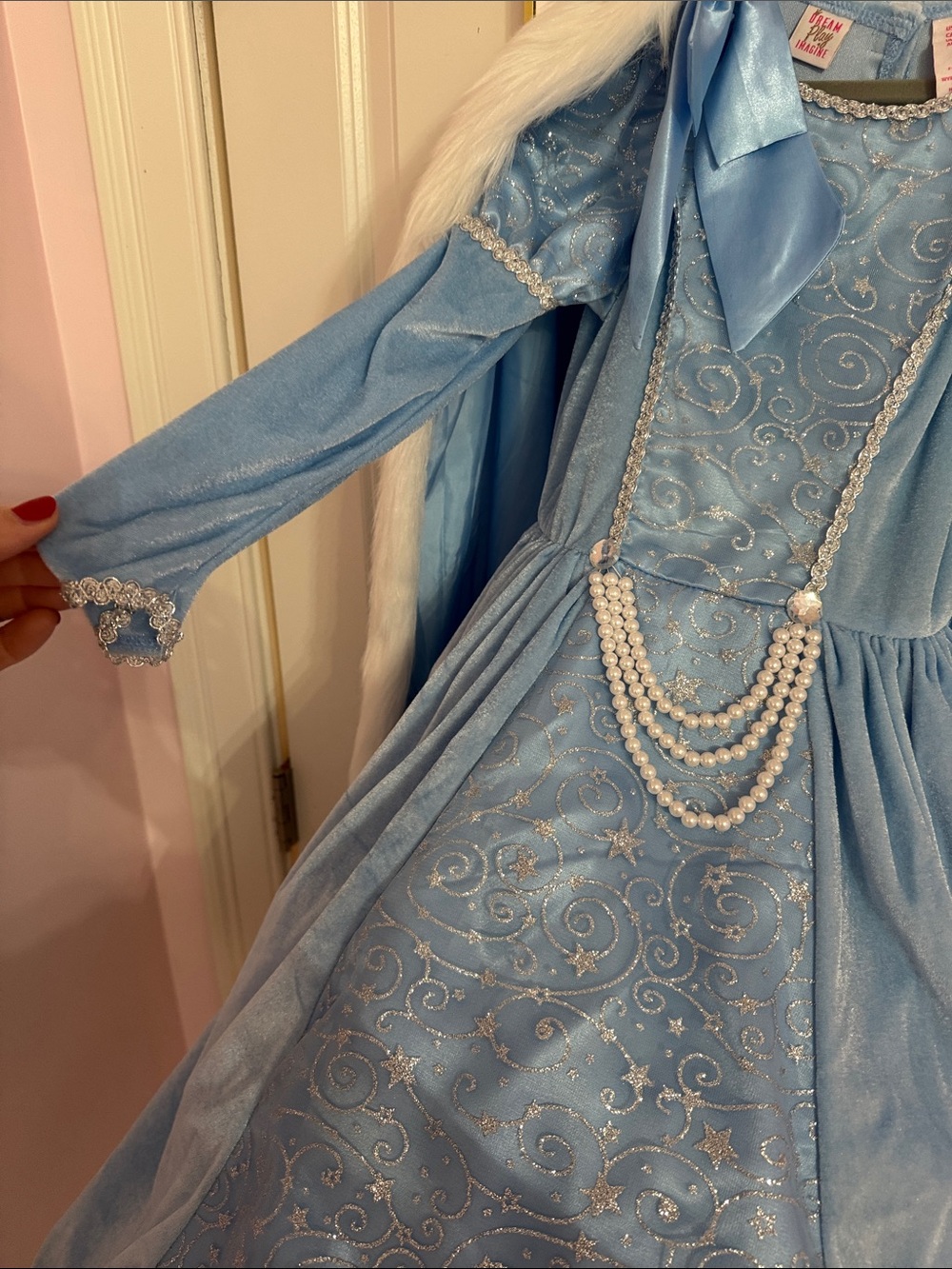 Frozen Inspired Blue Velvet Faux Fur Trim Princess Cape with Pearled Accent - Picture 8 of 9